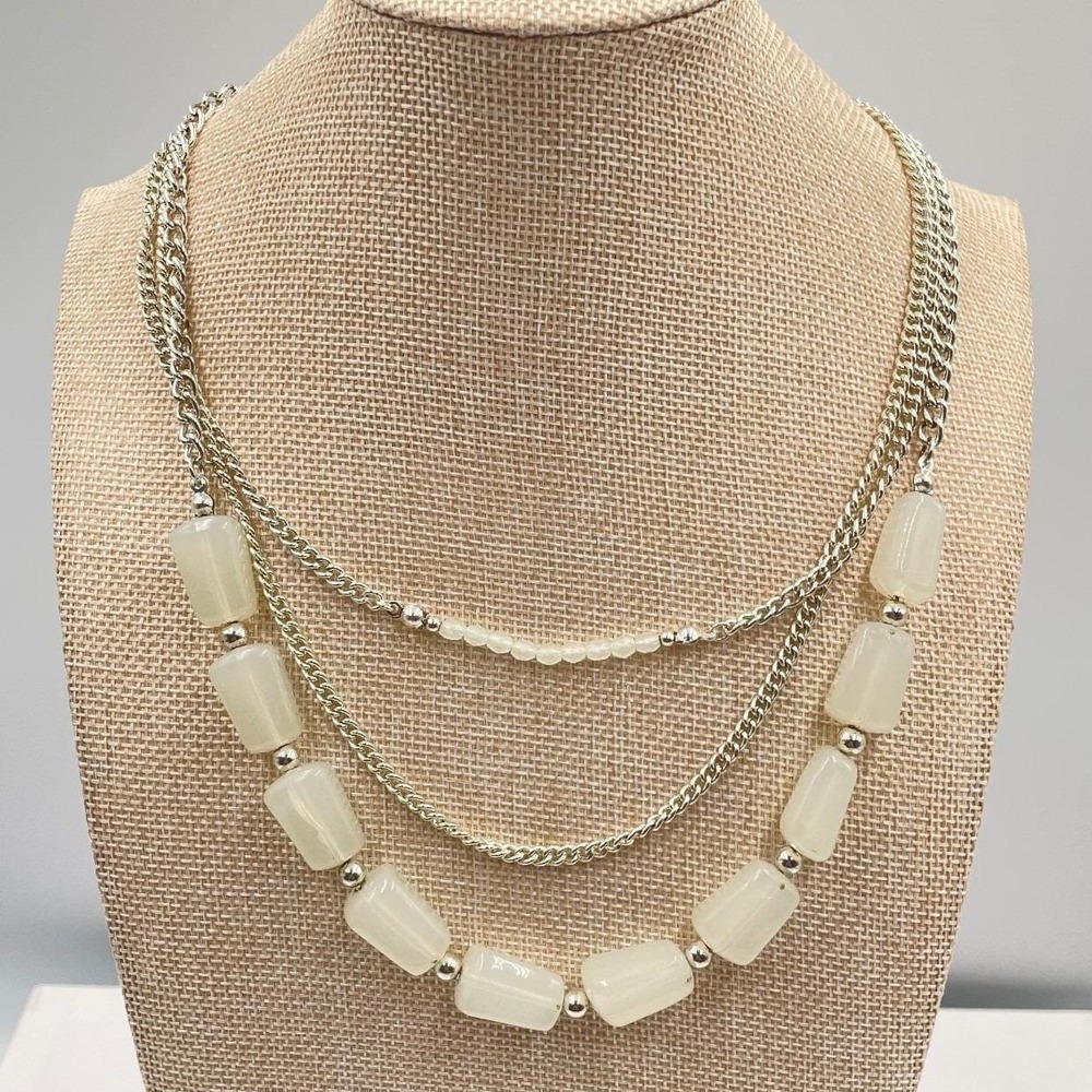 Chico's Layered‎ Necklace Silver Tone White Stone Bead Triple Strand Statement